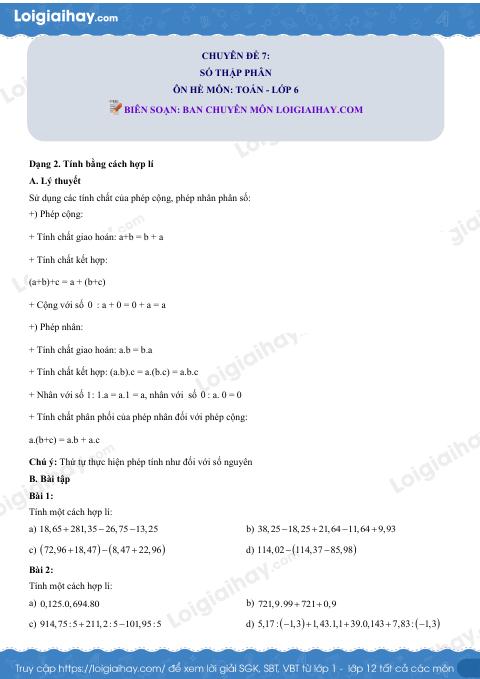 Dạng 2. Tính bằng cách hợp lí Chủ đề 7 Ôn hè Toán 6